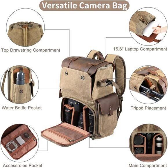 Camera Backpack, DSLR/SLR/Mirrorless Photography Camera Bag Waterproof Leather - Picture 2 of 8